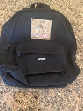 PINK Victoria's Secret  Mini Black Canvas Backpack with collectible Enamel Pins